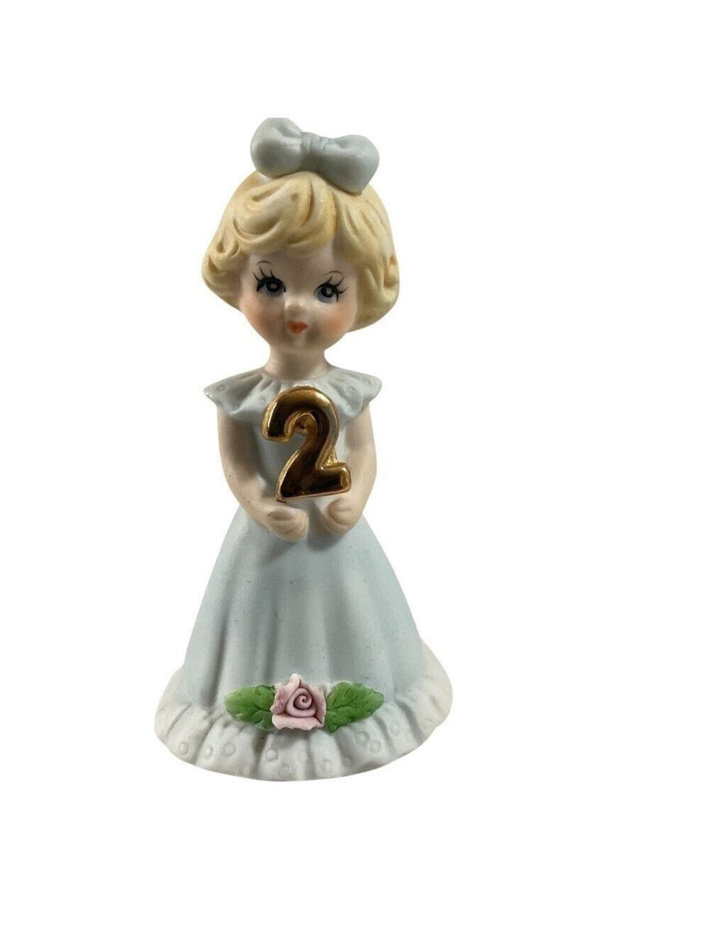 1981 Enesco Growing Up Birthday Girls Blonde Age 2 Figurine Blue Dress 3” Tall